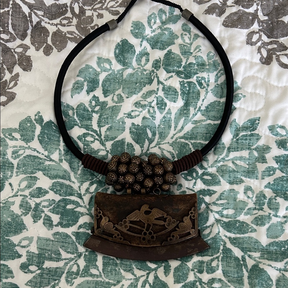 Vintage-Inspired Brown Brass Pendant Necklace with Black Cord